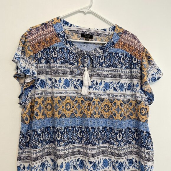 MACKENZIE JAMES Plus Size Blue White Floral Striped Boho Tie Neck Peasant Blouse - Picture 2 of 13